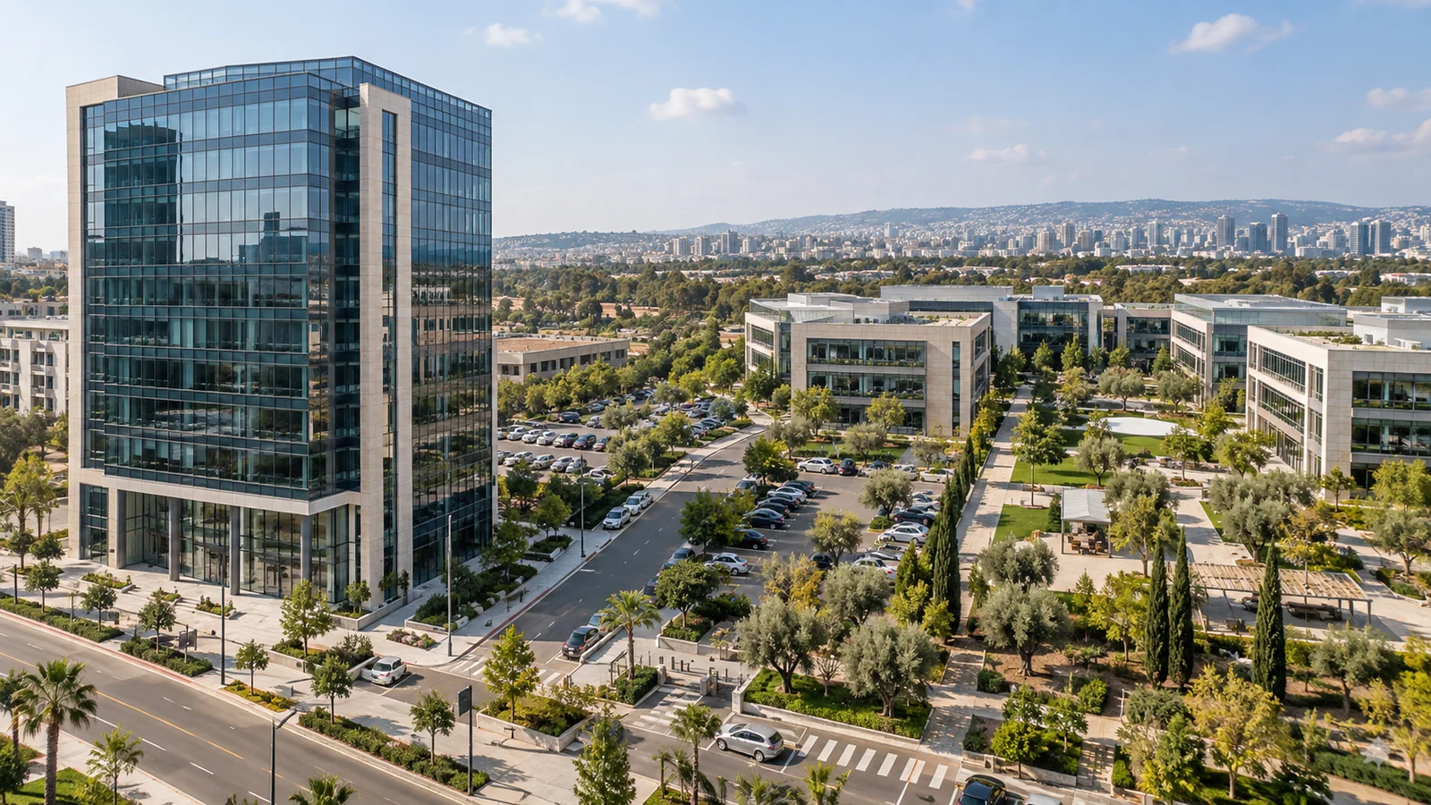 בניין משרדים מודרני לצד פארק עסקים ירוק ומטופח