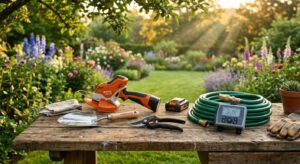 כלי גינון מקצועיים כולל גוזם נטען של STIHL, צינור גינה, בקר השקיה, מזמרה וכף שתילה מונחים על שולחן עץ בגינה פורחת